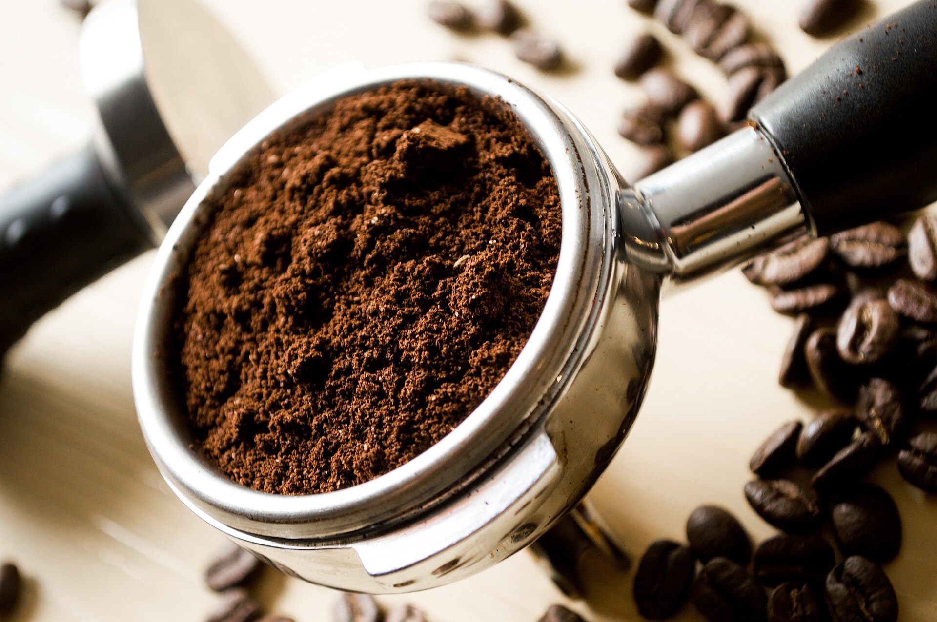 Fresh coffee grounds and beans